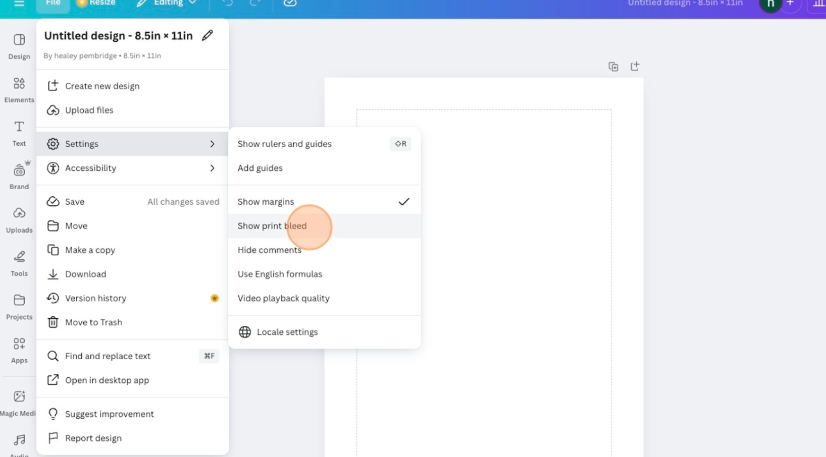 click "show bleed" underneath margins